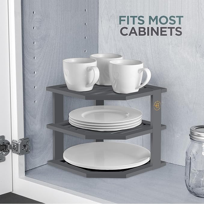 Grey Plate Organizer for Cabinet - 3 Tier Gray Bamboo Corner Cabinet Organizer Shelf for Plates Bowls Mugs Cups, Kitchen Cabinet Organizer, Cabinet Shelf Organizer, Countertop Rack, 10 x 10 x 9.5 Gray