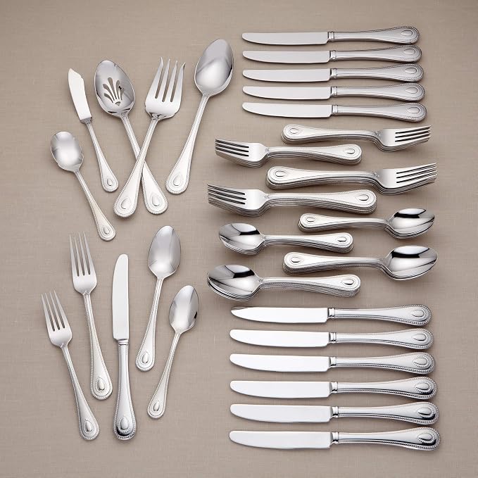 Lenox French Perle 65-Piece 18/10 Silverware Set for 12, Flatware | mirror finish, dishwasher safe | includes serving spoons and utensil set | heavy duty, cutlery set for kitchen and dining