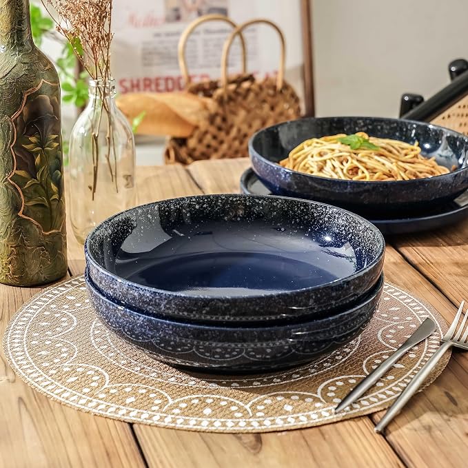 S&Q'S CERAMICS Large Serving Bowls Set of 4, 65 ounce Large Salad Bowls, 10'' Ceramic Wide Shallow Bowl Plates, Pasta Serving Dishes for Party, Entertaining, Microwave Safe(Navy Blue)