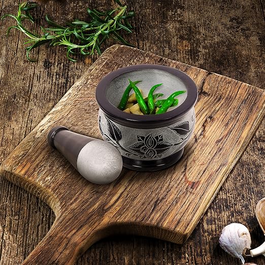 Mortar and Pestle, Made of Heavy Duty Polished Hard Stone, Natural Stone Grinder for Spices, Pastes, Herbs, Seasoning etc. (Floral)