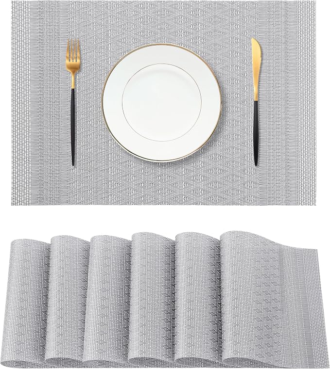 Leetaltree Lunar Grey Placemats Set of 6 - Heat Resistant Non-Slip Place mats for Dining Table, Washable Durable PVC Vinyl Woven Table Mats（Lunar Grey, 6）