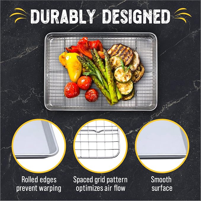 Baking Sheet, 2 Pack Half Sheet Pan with Stainless Steel Wire Rack Set - Easy Clean Cookie Sheets for Baking