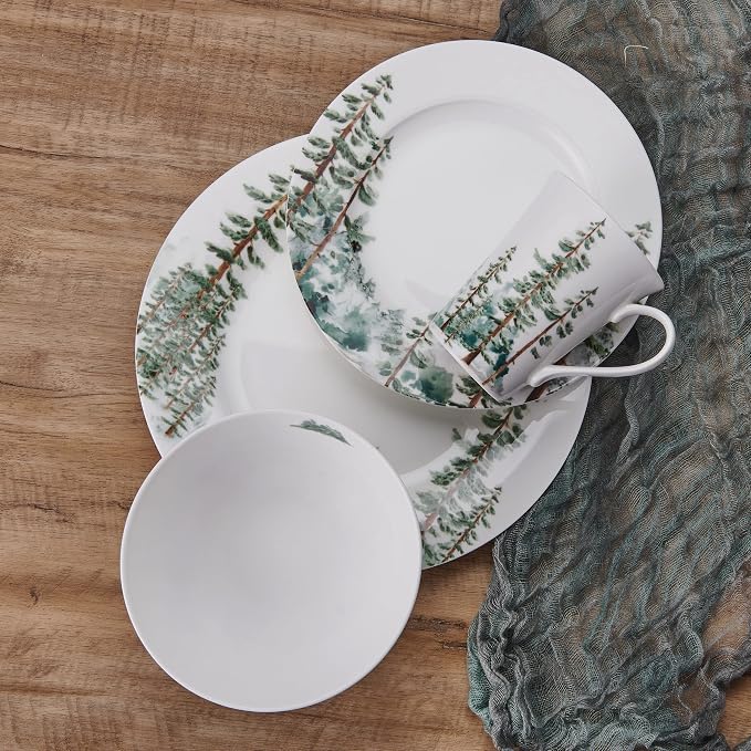 Mikasa Watercolor Forest Bone China Lightweight Chip Resistant 16 Piece Dinnerware Set, Service for 4, White