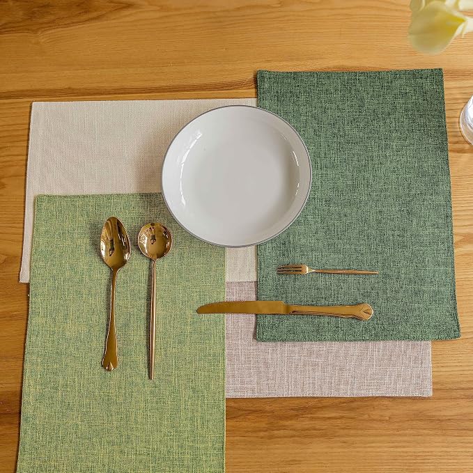 Demetex Cloth Placemats Green Set of 4 Vintage Textured Linen Place Mats Heat Resistant Plate Placemat for Kitchen Dinning Table, Green